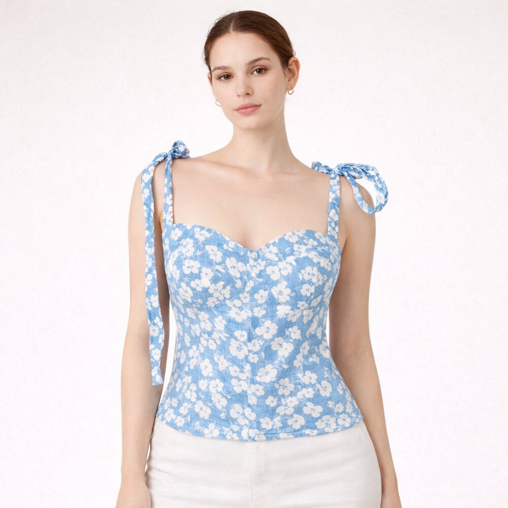 Reformation Blue Floral Linen Tie Strap Corset Top